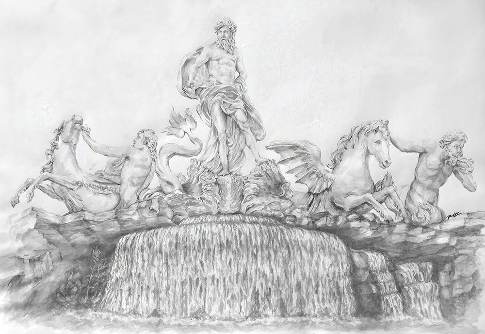Watercolor painting of the Trevi Fountain in Rome. Black and white painting by Priscilla Mimi Lee.