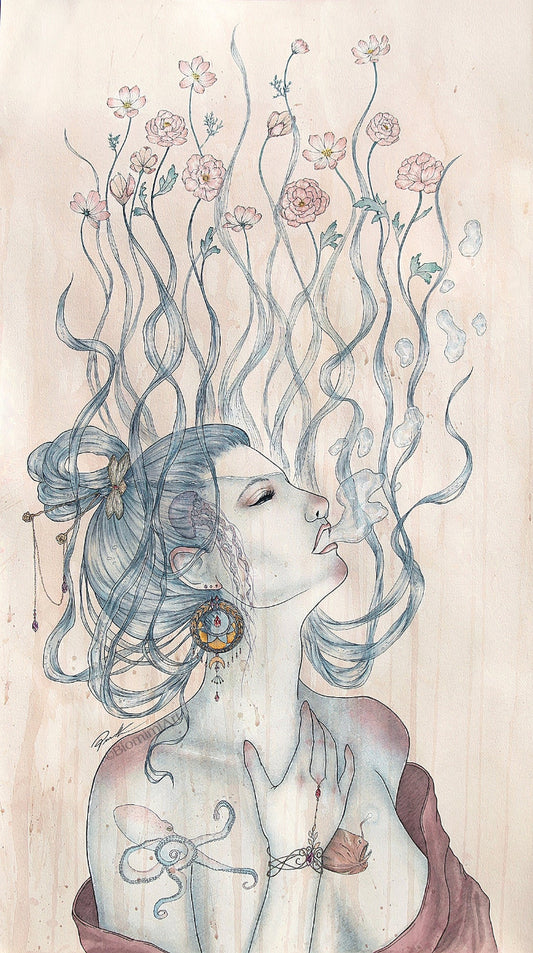 Watercolor painting by biomimiart of a woman with flowers growing out of her flowy hair. Water is filling her up and coming out of her mouth.