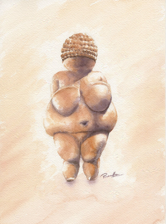 Watercolor painting by Biomimiart of the famous sculpture, Venus of Willendorf. Her voluptuous body symbolizes fertility.  