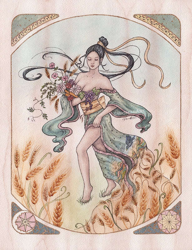 The zodiac sign Virgo depicted by Biomimiart as a woman dressed in a kimono walking through a field of wheat. Painting done with watercolor and ink.