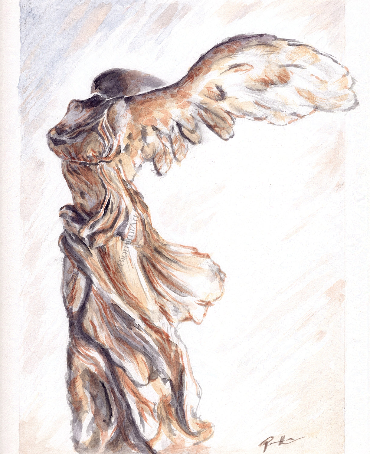 Watercolor painting by Priscilla Mimi Lee inspired by the Winged Victory of Samothrace statue. This Goddess of Nike statue stands proudly even without a head or arms.