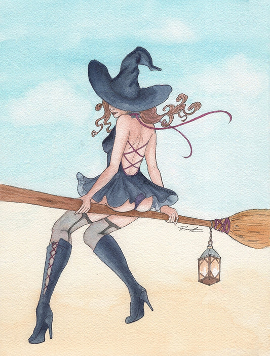 Painting of a witch flying on a broom, done in watercolor and ink on thick (140lb) textured cold press watercolor paper.