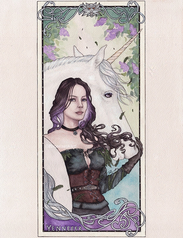 Yennefer Witcher fan art hand painted with watercolor in Biomimiart's Art Nouveau style. Yennefer is standing next to a real unicorn.