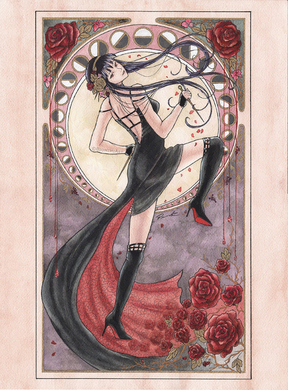 Yor Forger fan art painting in Alphonse Mucha style by Biomimiart. She is ready to fight in her black and red dress. 