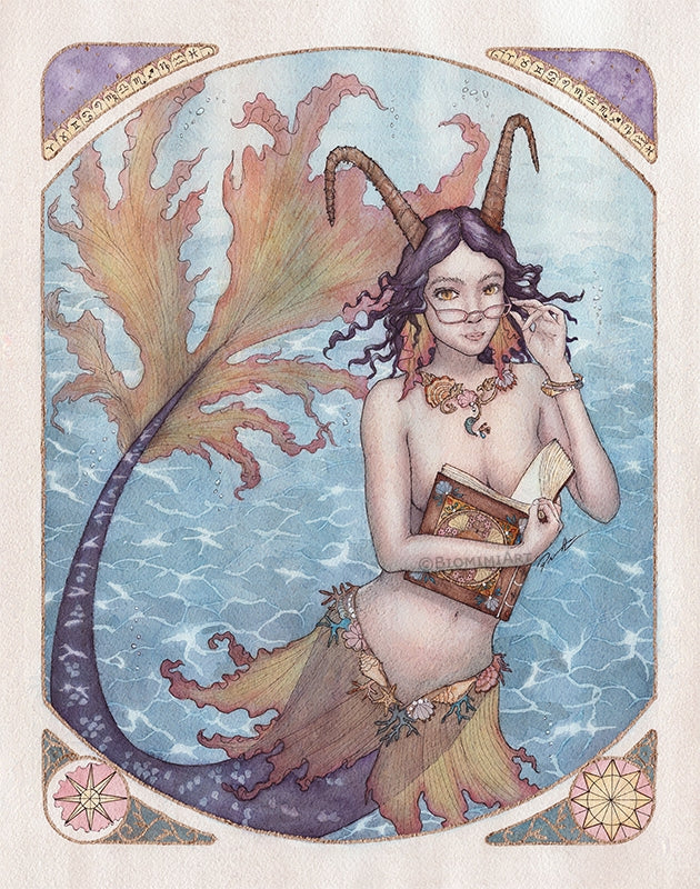 The horoscope sign Capricorn as a mermaid painted with watercolor and ink by Biomimiart. She is underwater reading a book with a purple and orange tail.