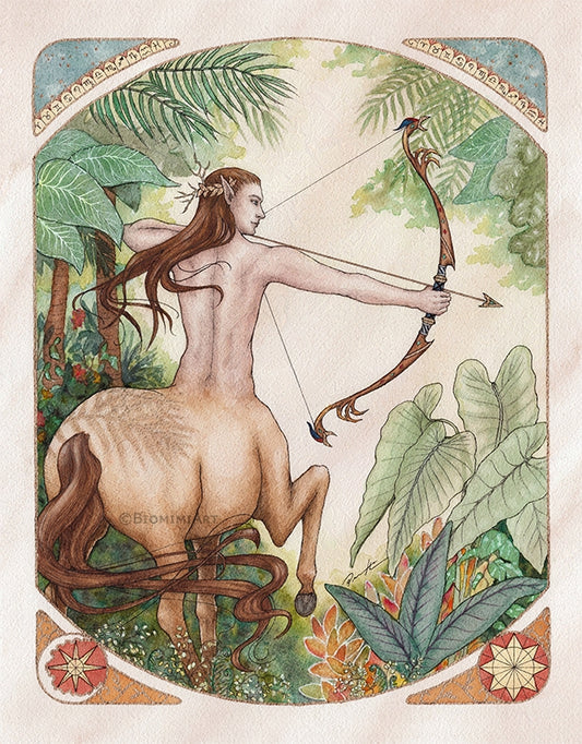 Art prints of Sagittarius from my Western Zodiac series. Sagittarius is riding through the woods, hunting with his iconic bow and arrow. In this piece I used about 6 different shades of green mixed together to create the various foliage. I really like how I did the shadow on his horse butt.