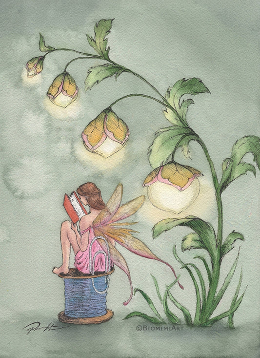 Fairy reading under a glowing plant. Ink and Watercolor painting