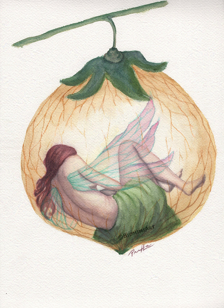 Fairy sleeping in a bulbous glowing fruit. Painting done in watercolor on thick coldpress watercolor paper.