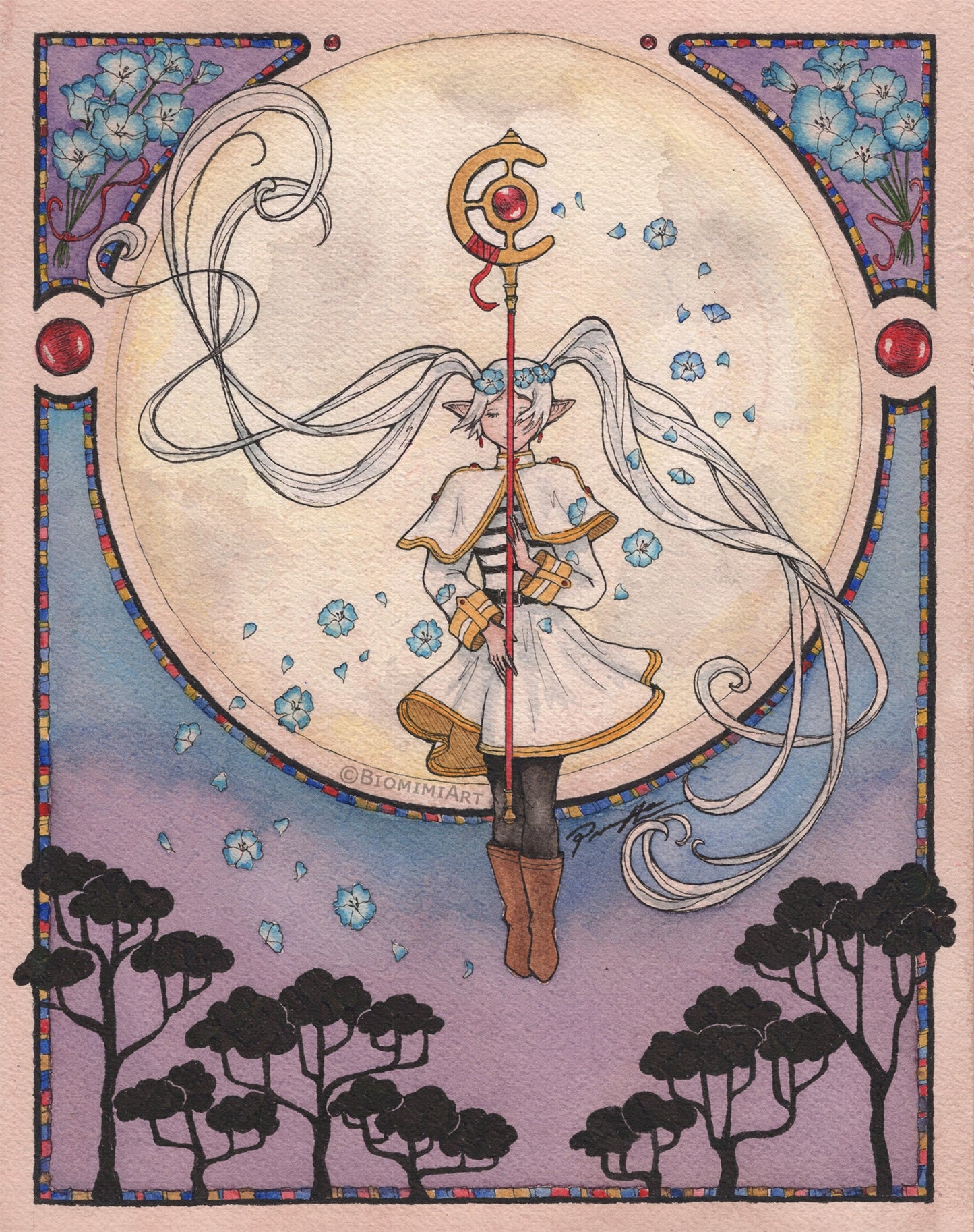 Frieren anime fan art. Frieren is casting a spell in front of a moon surrounded by blue flowers. 