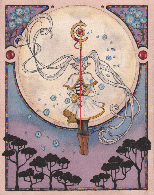 Frieren anime fan art. Frieren is casting a spell in front of a moon surrounded by blue flowers. 