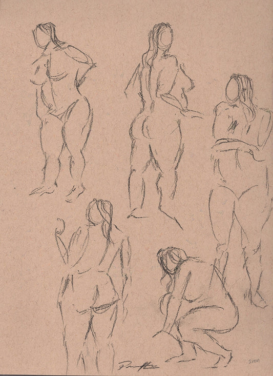 Charcoal sketch of nude figures. One of a kind original drawing. 1 min poses.