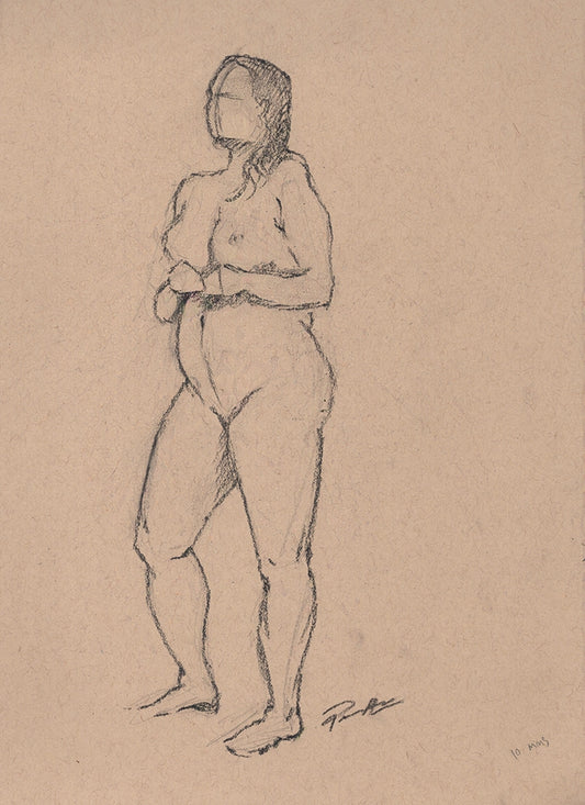 Standing nude figure sketch in charcoal. Original one of kind drawing. 