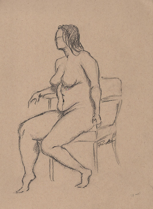 Seated nude female figure sketched with charcoal. One of a kind original. 