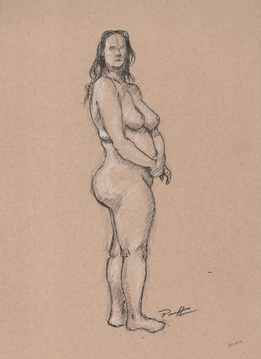 Standing female nude figure sketch done in charcoal. One of a kind original.