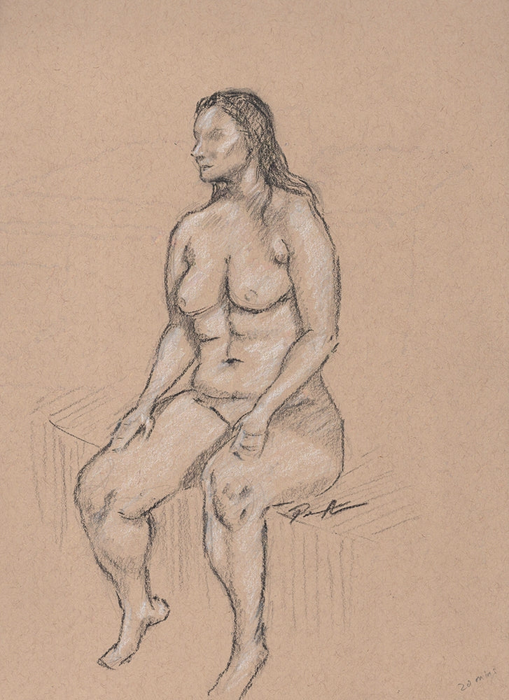 Seated female nude drawn with charcoal. Original one of a kind drawing.