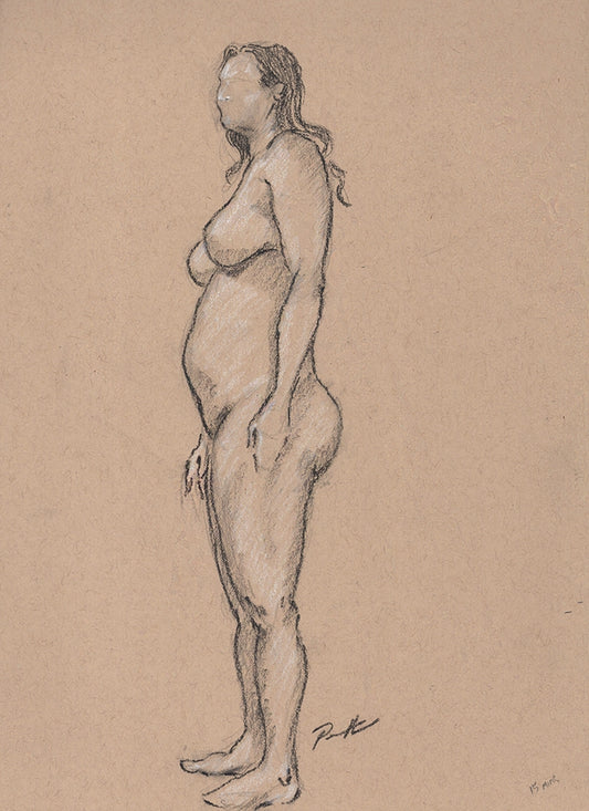 Sketch of nude female standing. Done in charcoal. One of a kind original. 