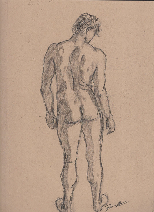 Nude figure drawing of a male standing. Done in charcoal on toned paper. One of a kind original. 