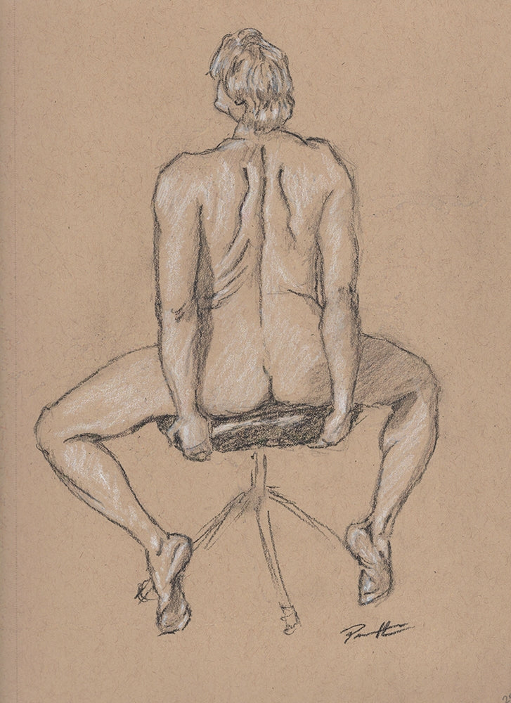 Nude figure drawing of a male sitting on a stool. Done in charcoal on toned paper. One of a kind original. 