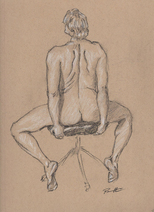 Nude figure drawing of a male sitting on a stool. Done in charcoal on toned paper. One of a kind original. 