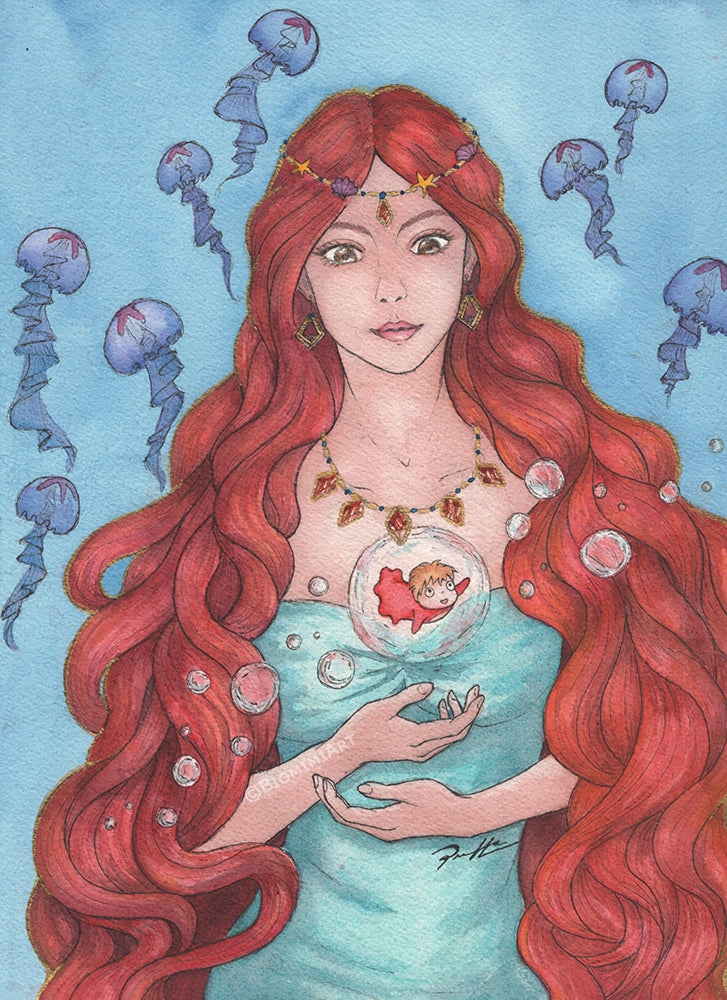 Ponyo's mom holding Ponyo. Ghibli fan art painted with ink and watercolor.