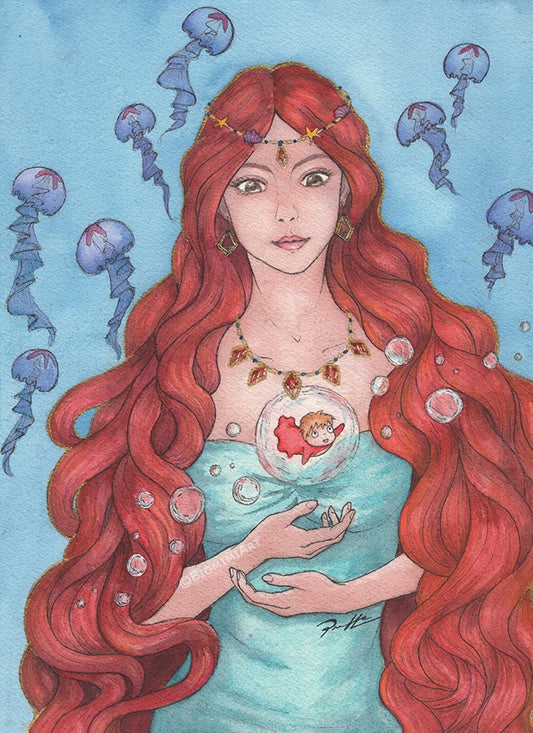 Ponyo's mom holding Ponyo. Ghibli fan art painted with ink and watercolor.